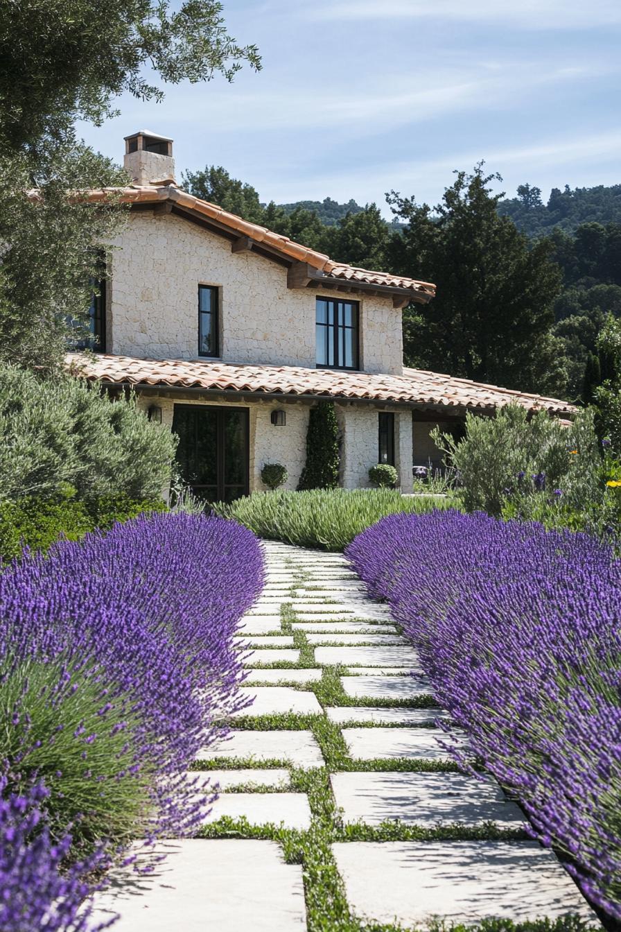 modern French mediterranean house garden pathway lined with lavenders