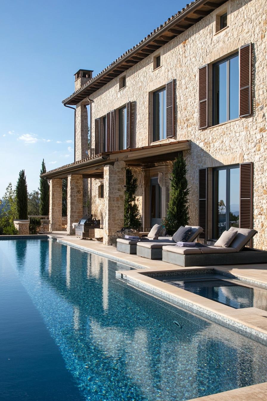 modern Italian mediterranean house modern facade with rustic shutters infinity pool terrace 1