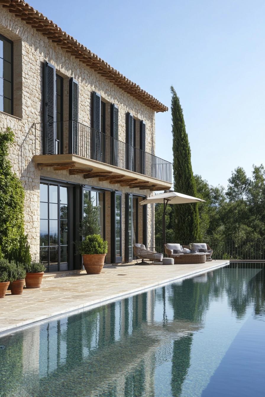 modern Italian mediterranean house modern facade with rustic shutters infinity pool terrace 2