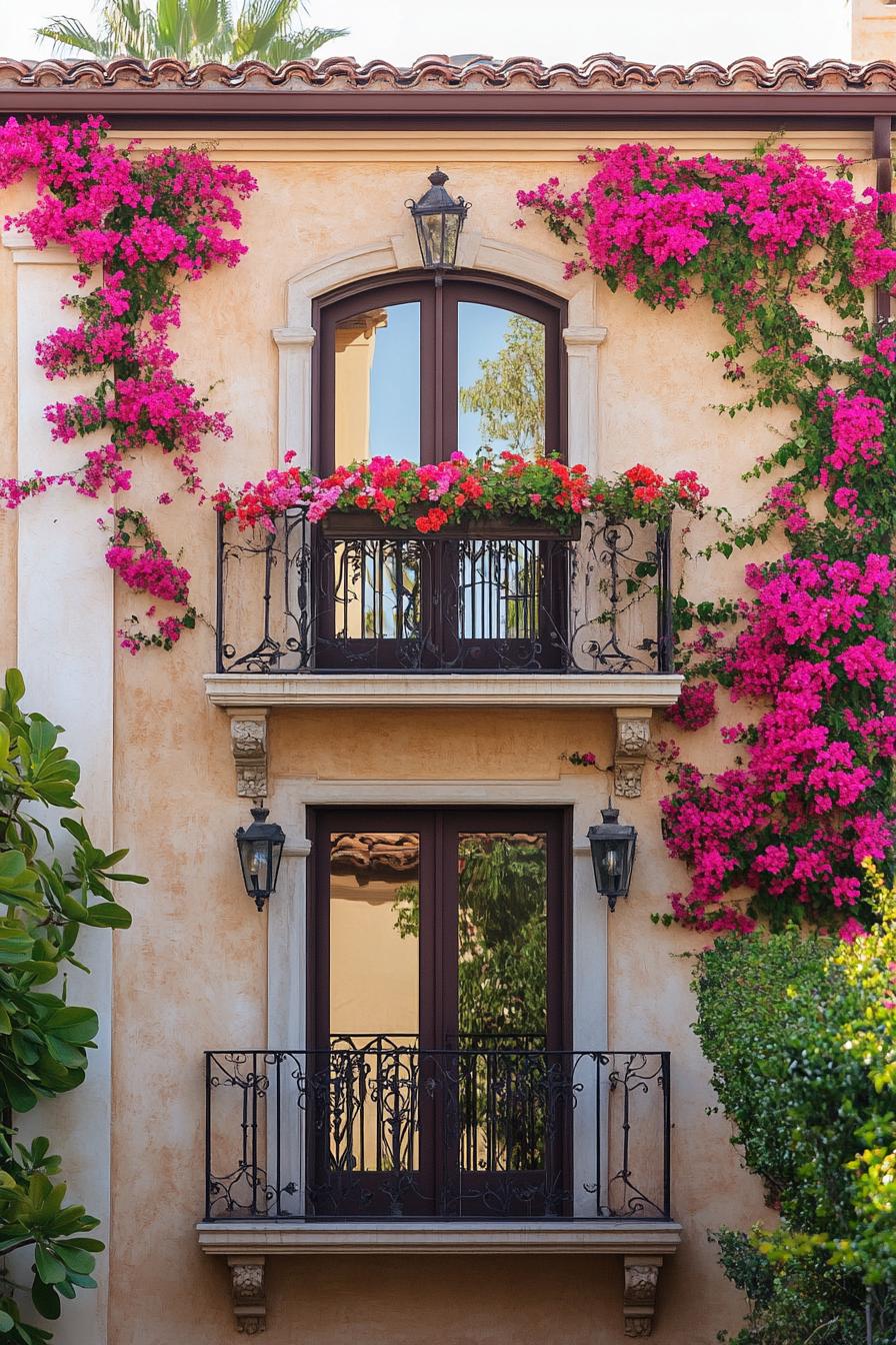 modern Tuscan mediterranean house facade with ornate wrought iron balconies with Bougainvillea climbers 1