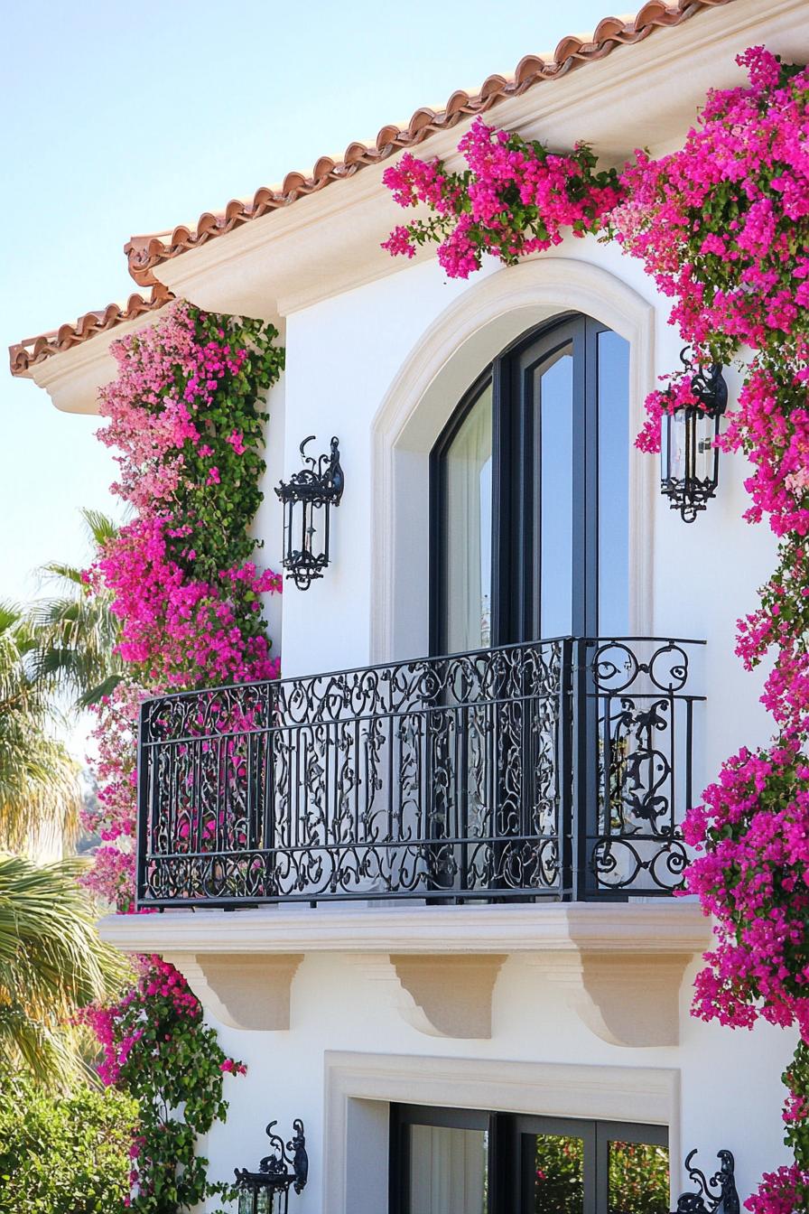 modern Tuscan mediterranean house facade with ornate wrought iron balconies with Bougainvillea climbers 2