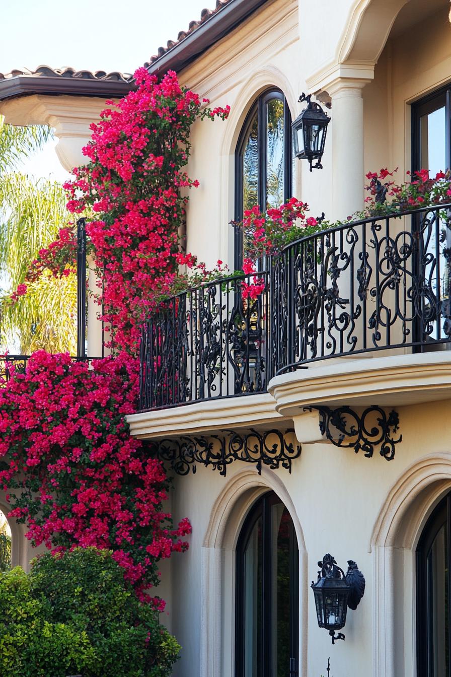 modern Tuscan mediterranean house facade with ornate wrought iron balconies with Bougainvillea climbers 3