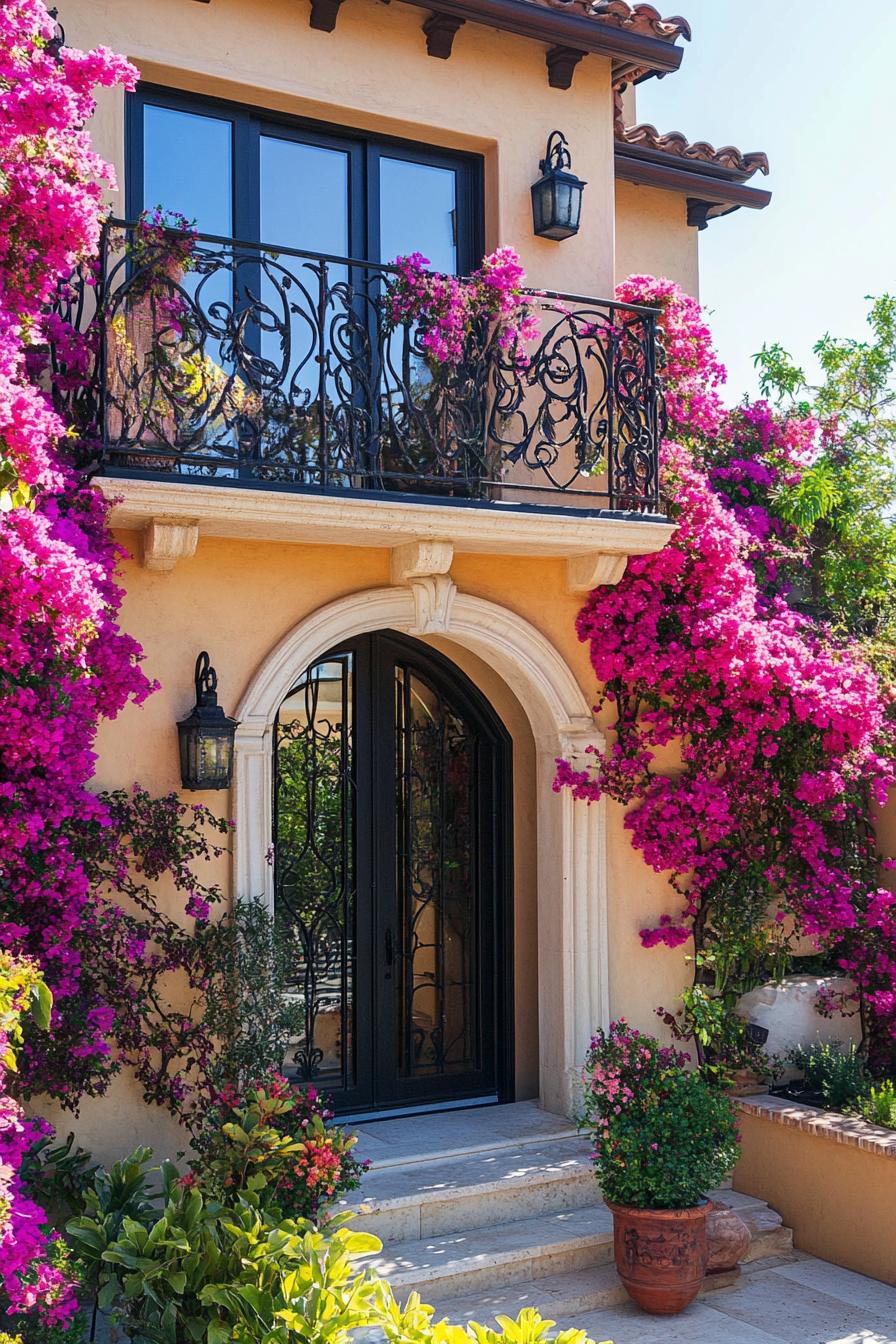 modern Tuscan mediterranean house facade with ornate wrought iron balconies with Bougainvillea climbers