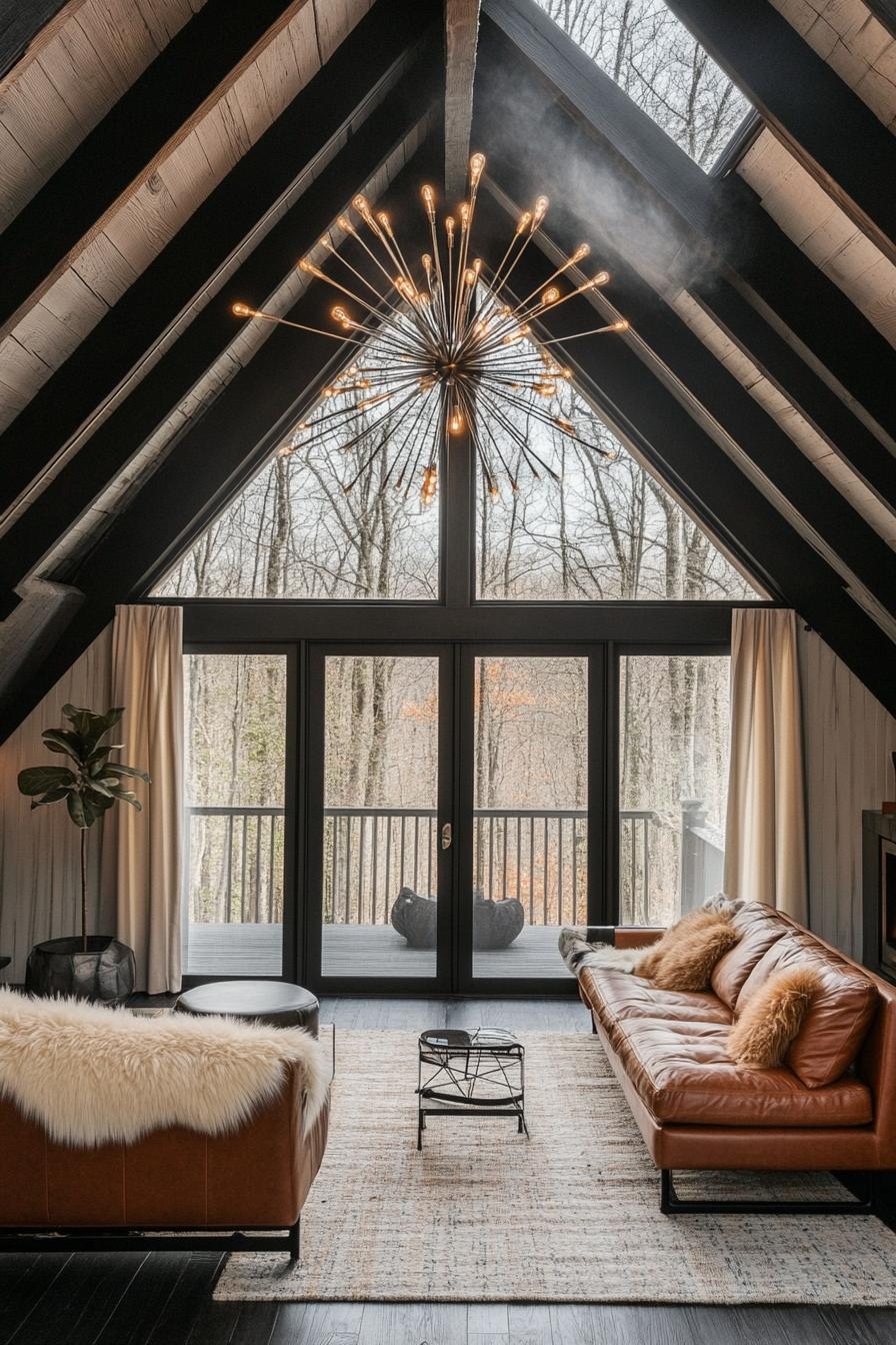 modern a frame cabin interior with natural stained harwood ceiling sections of wall around the windows are white dark hardood floor black painted 1