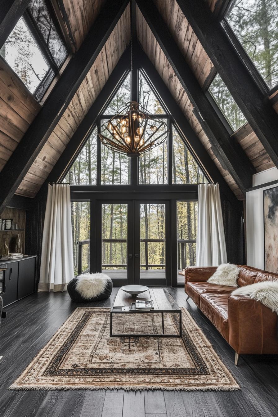 modern a frame cabin interior with natural stained harwood ceiling sections of wall around the windows are white dark hardood floor black painted 2