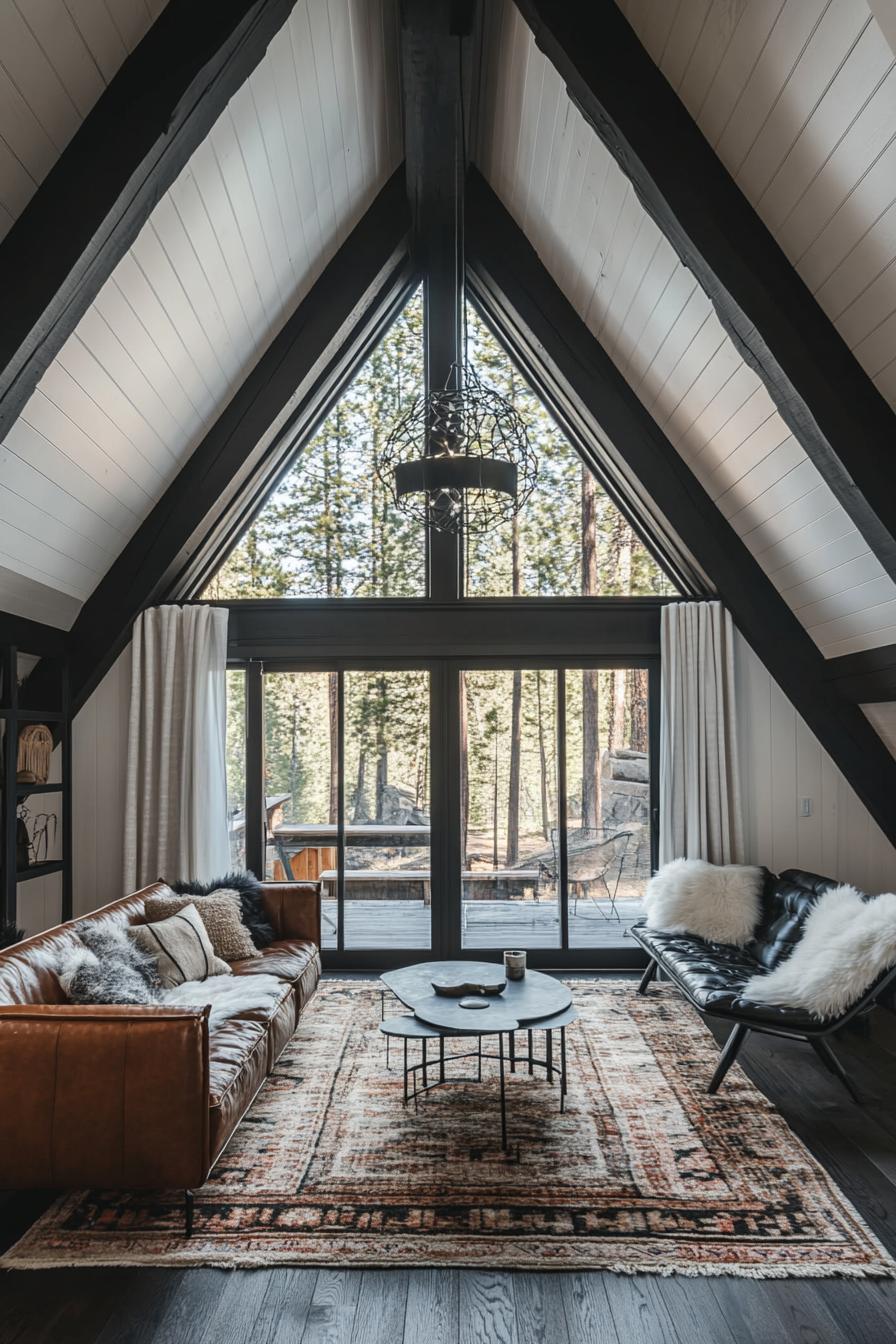 modern a frame cabin interior with natural stained harwood ceiling sections of wall around the windows are white dark hardood floor black painted 3