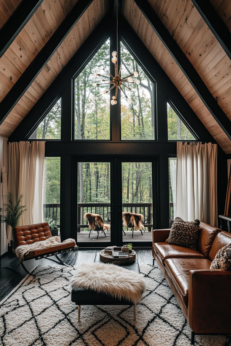 modern a frame cabin interior with natural stained harwood ceiling sections of wall around the windows are white dark hardood floor black painted