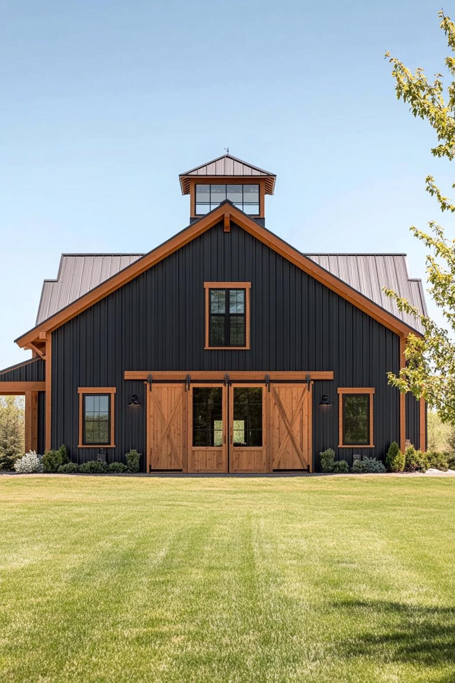 modern barn house with charcoal vertical slats and natural wood trim and barn doors the roof has steep cupola 1