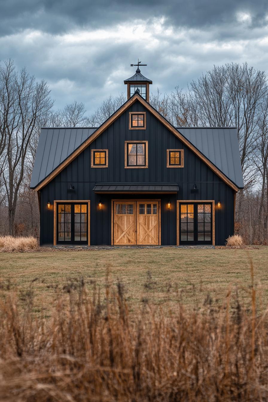 modern barn house with charcoal vertical slats and natural wood trim and barn doors the roof has steep cupola 2