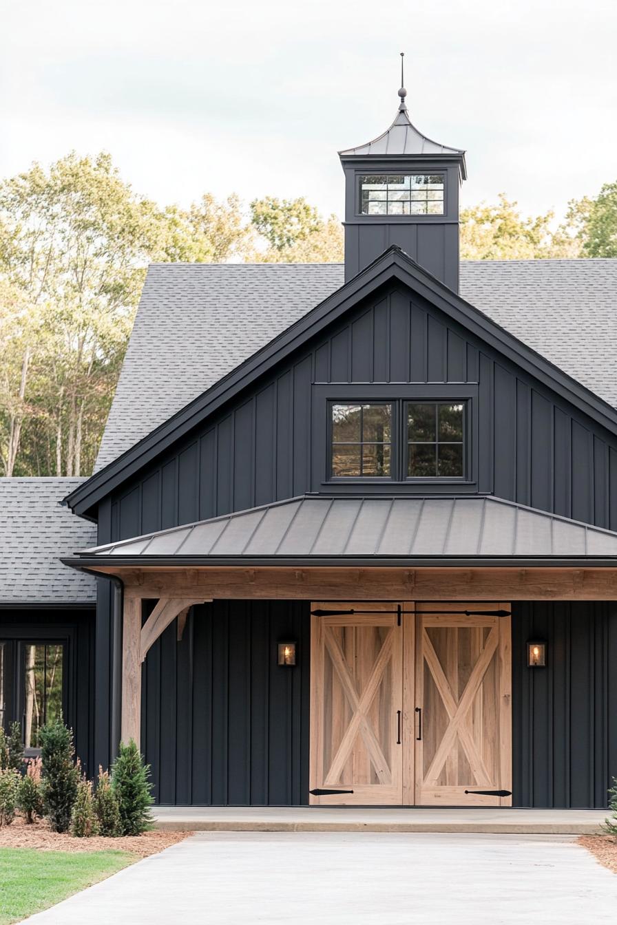 modern barn house with charcoal vertical slats and natural wood trim and barn doors the roof has steep cupola 3