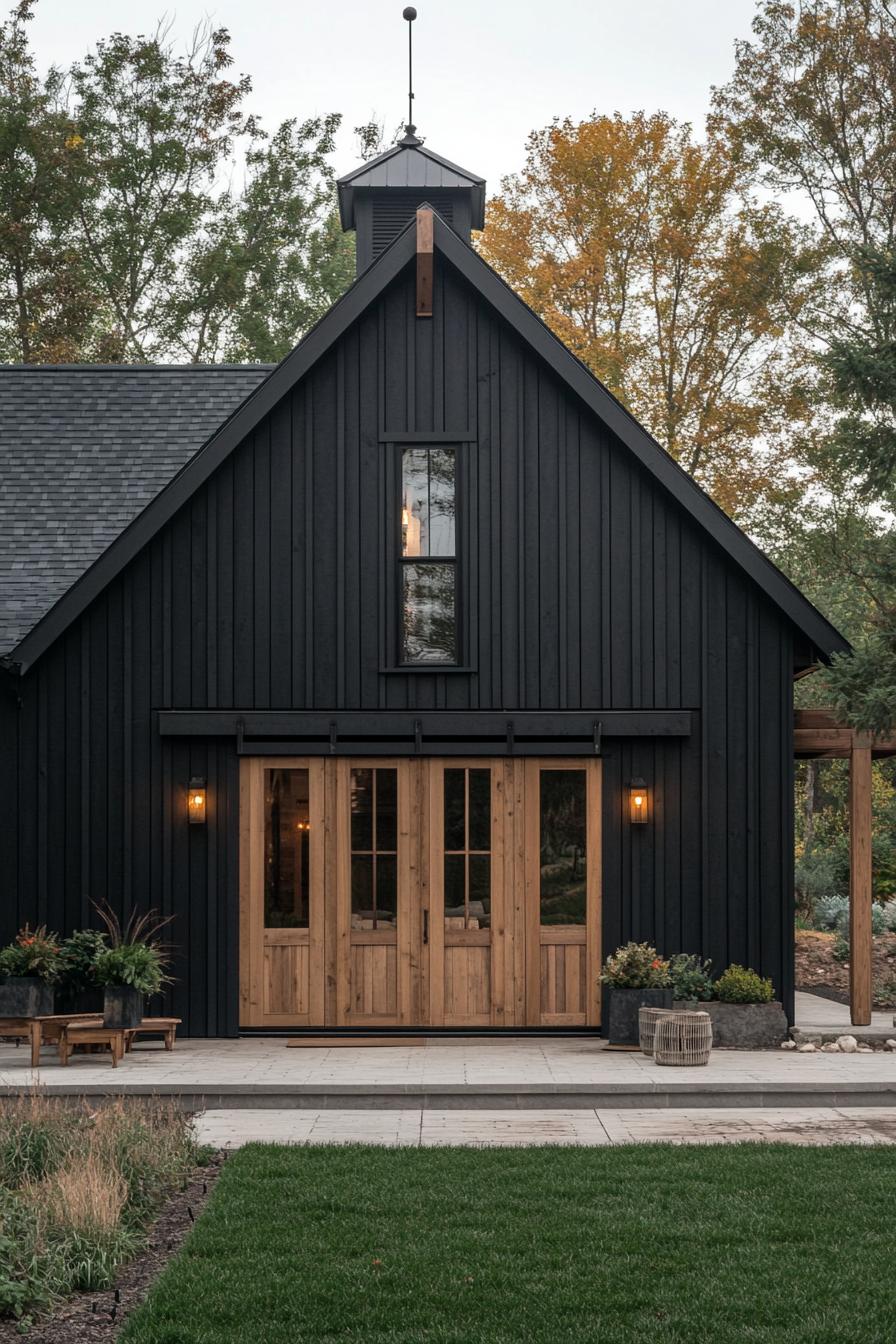 modern barn house with charcoal vertical slats and natural wood trim and barn doors the roof has steep cupola