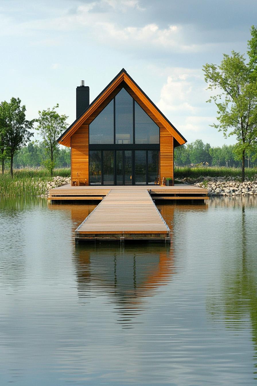 modern barn style house in the middle of a lake a long wooden bridge leads to the house from the shore the house is built on a large floating 1