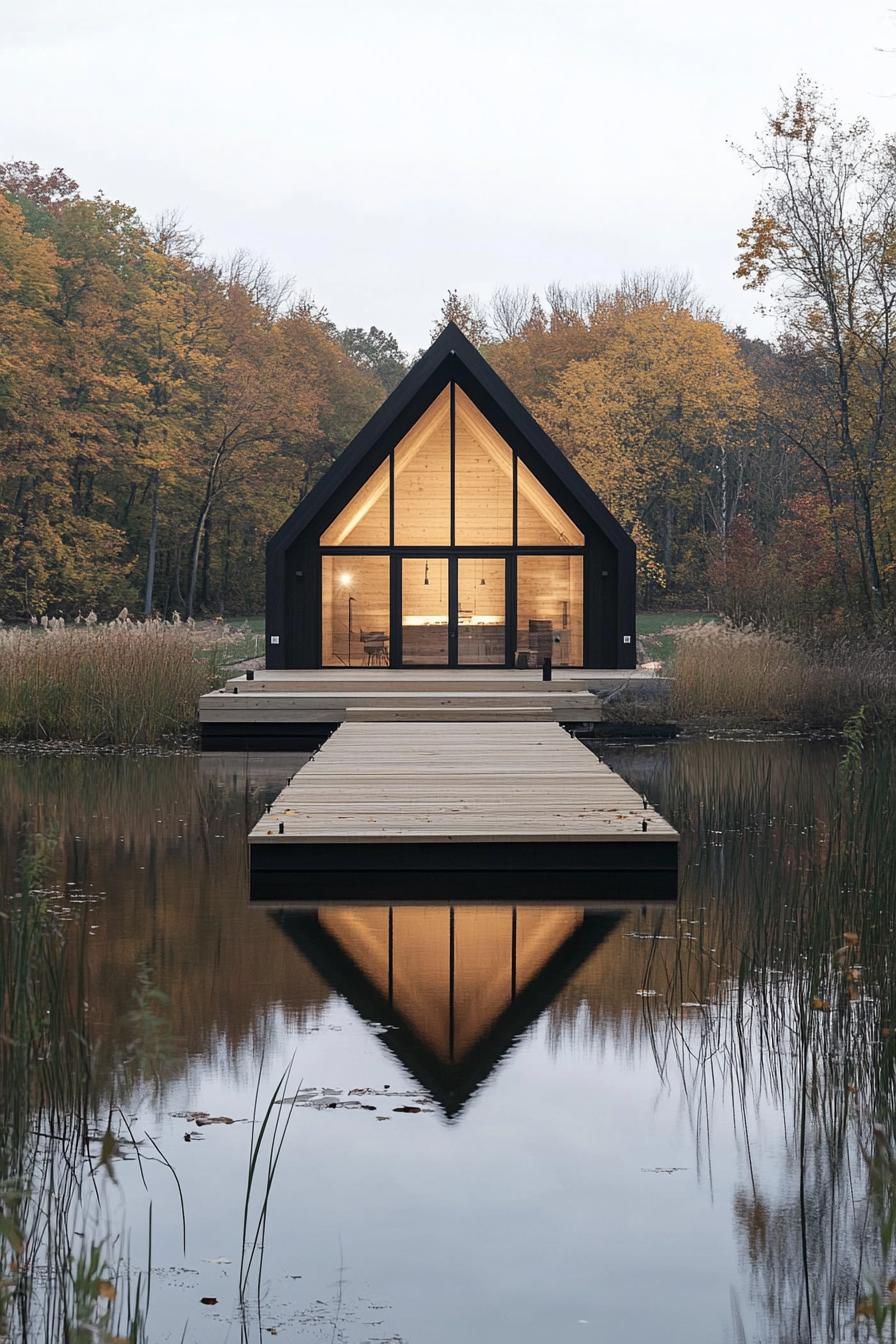 modern barn style house in the middle of a lake a long wooden bridge leads to the house from the shore the house is built on a large floating 2