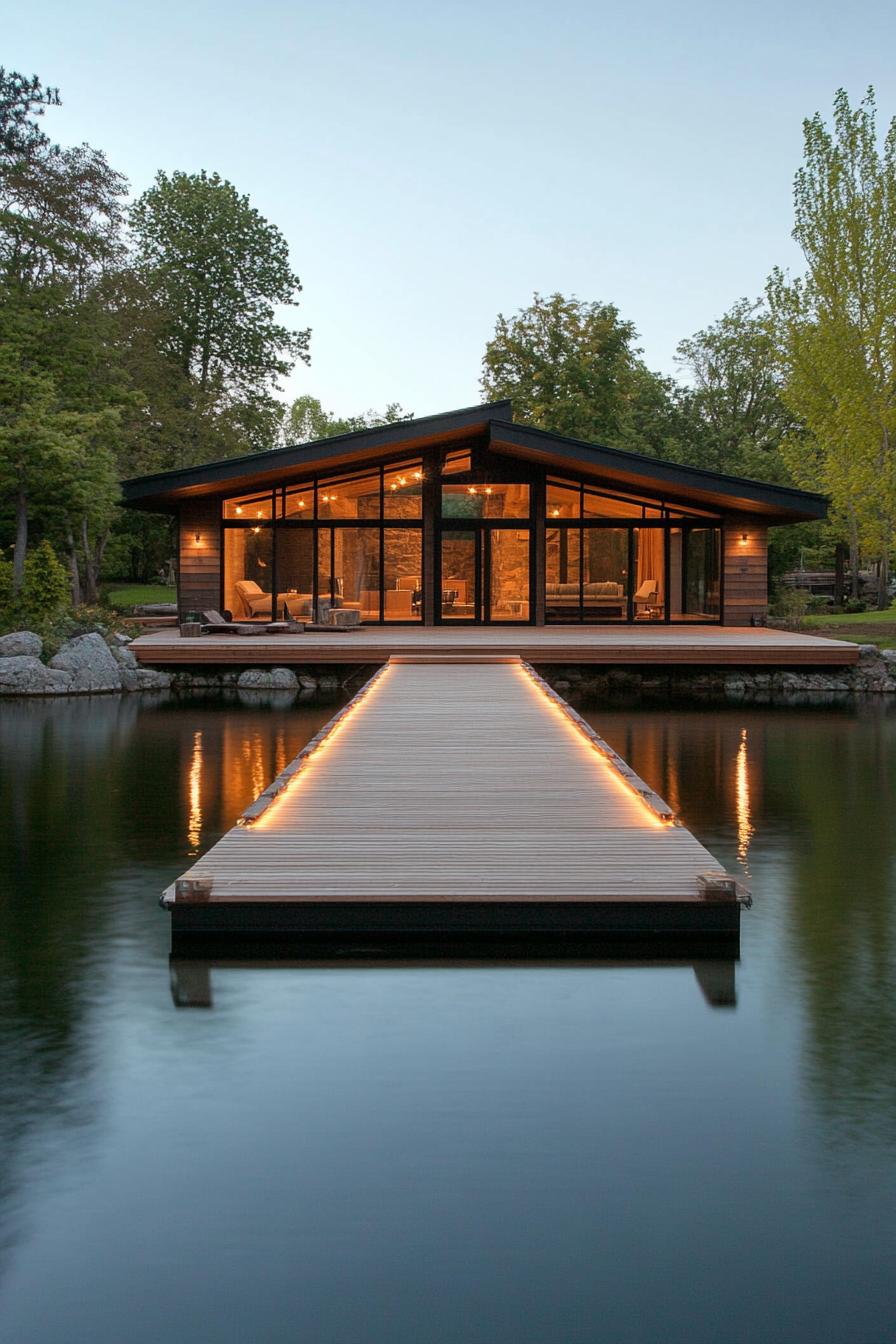 modern barn style house in the middle of a lake a long wooden bridge leads to the house from the shore the house is built on a large floating 3