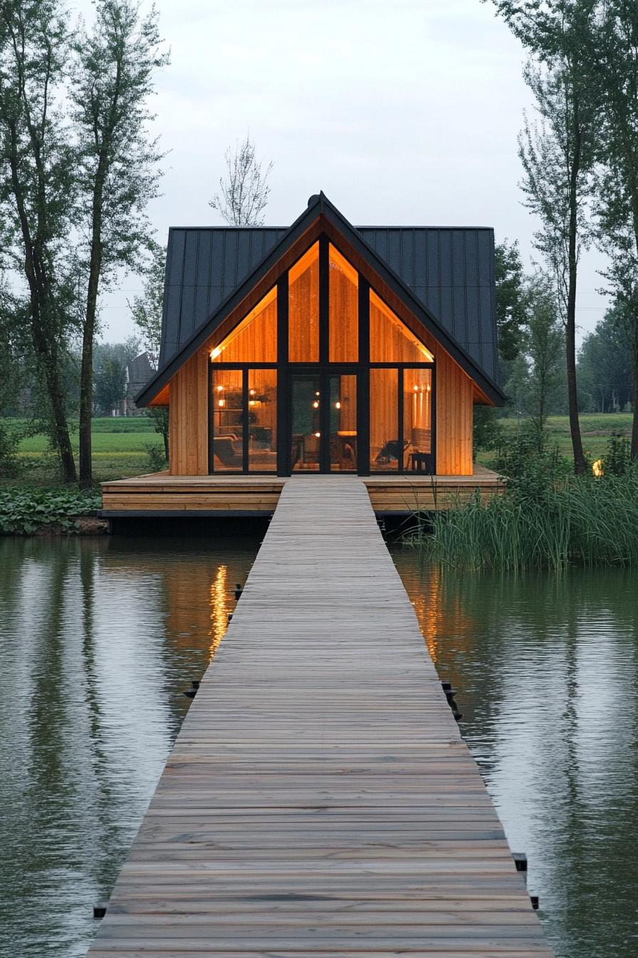 modern barn style house in the middle of a lake a long wooden bridge leads to the house from the shore the house is built on a large floating