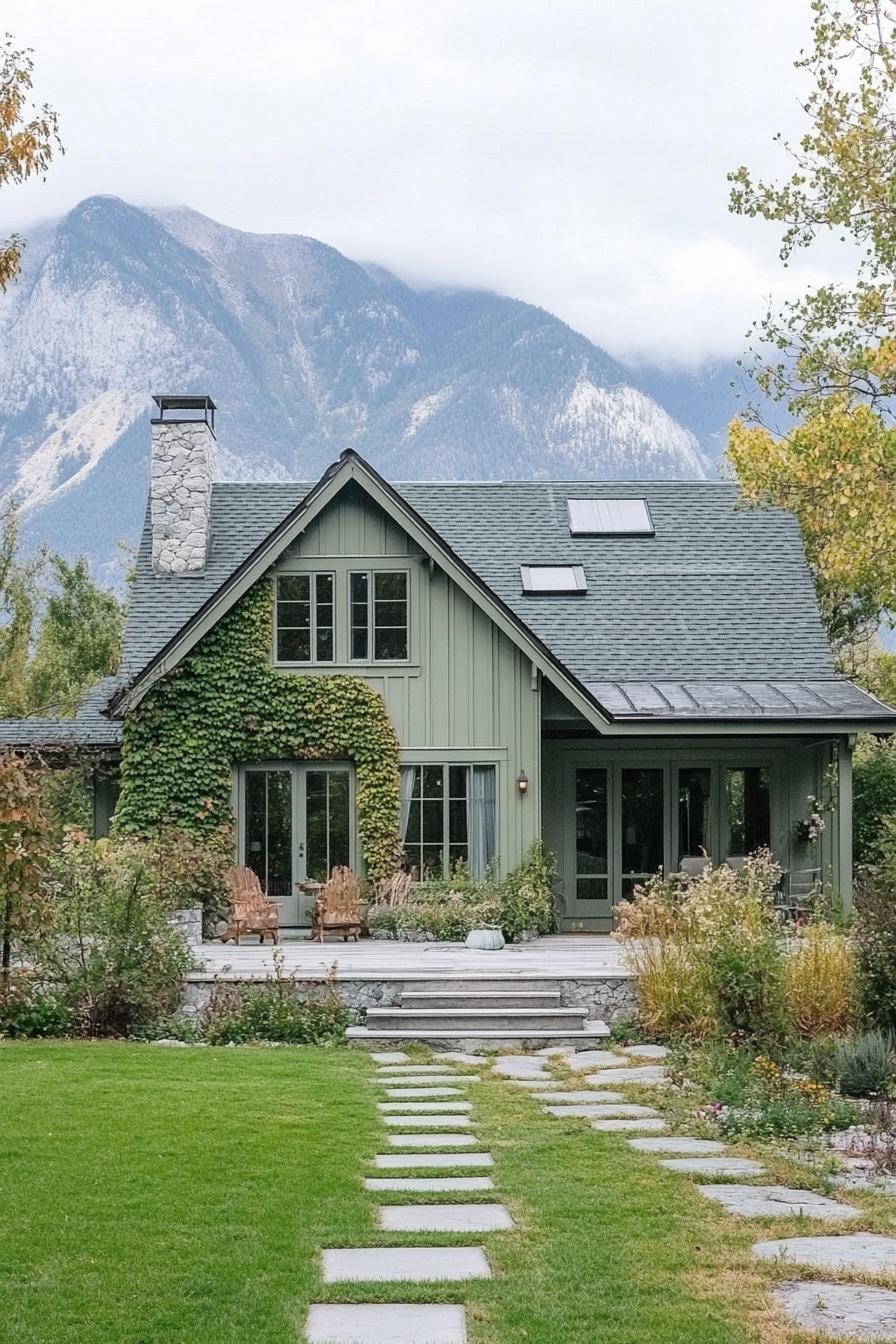 modern cottage style mountain house facade in pale green siding vertical garden front wall grey roof unkempt lawn Stunning mountains in the 1