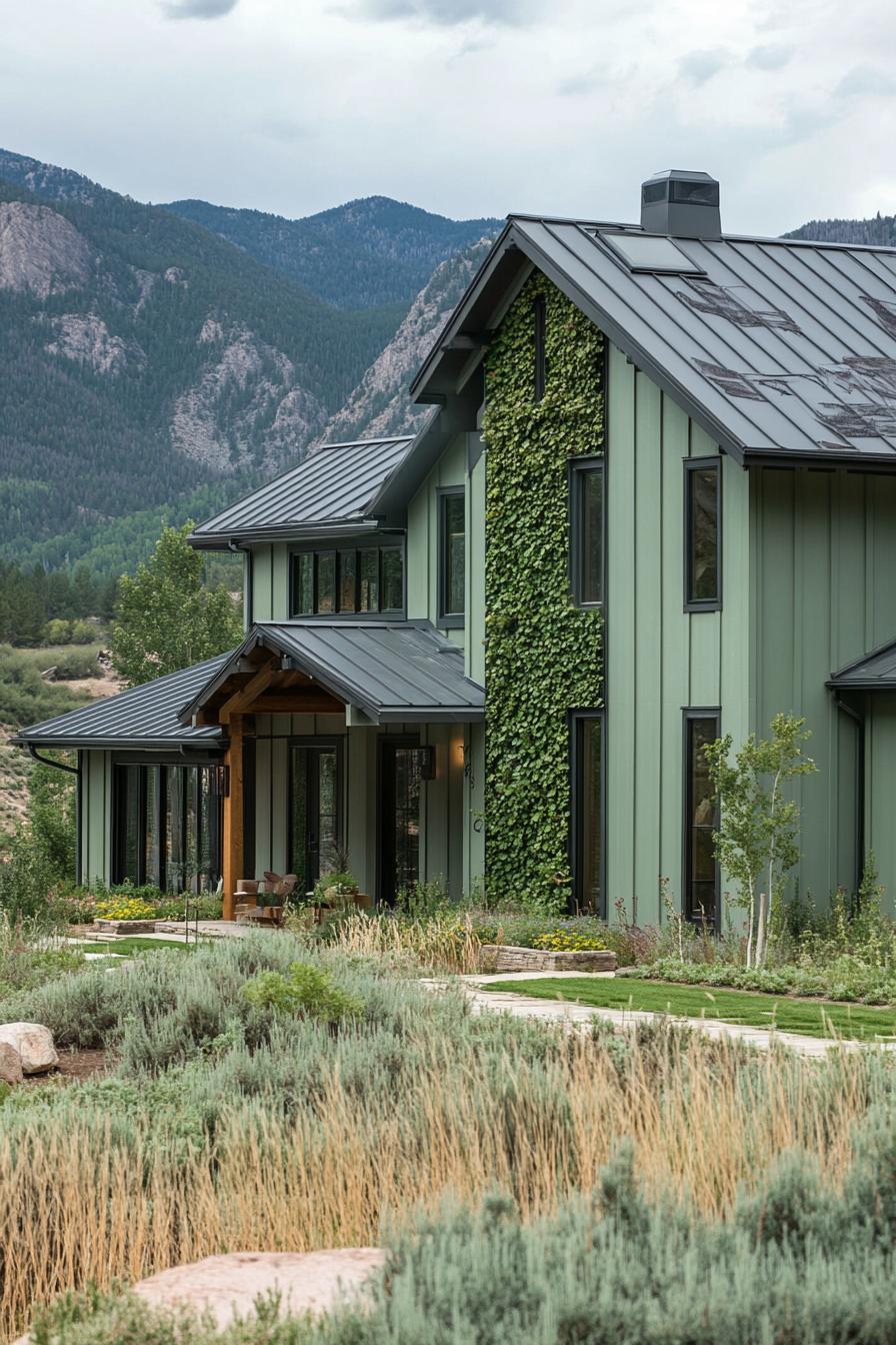 modern cottage style mountain house facade in pale green siding vertical garden front wall grey roof unkempt lawn Stunning mountains in the 2