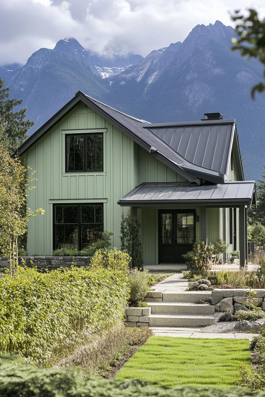 modern cottage style mountain house facade in pale green siding vertical garden front wall grey roof unkempt lawn Stunning mountains in the 3