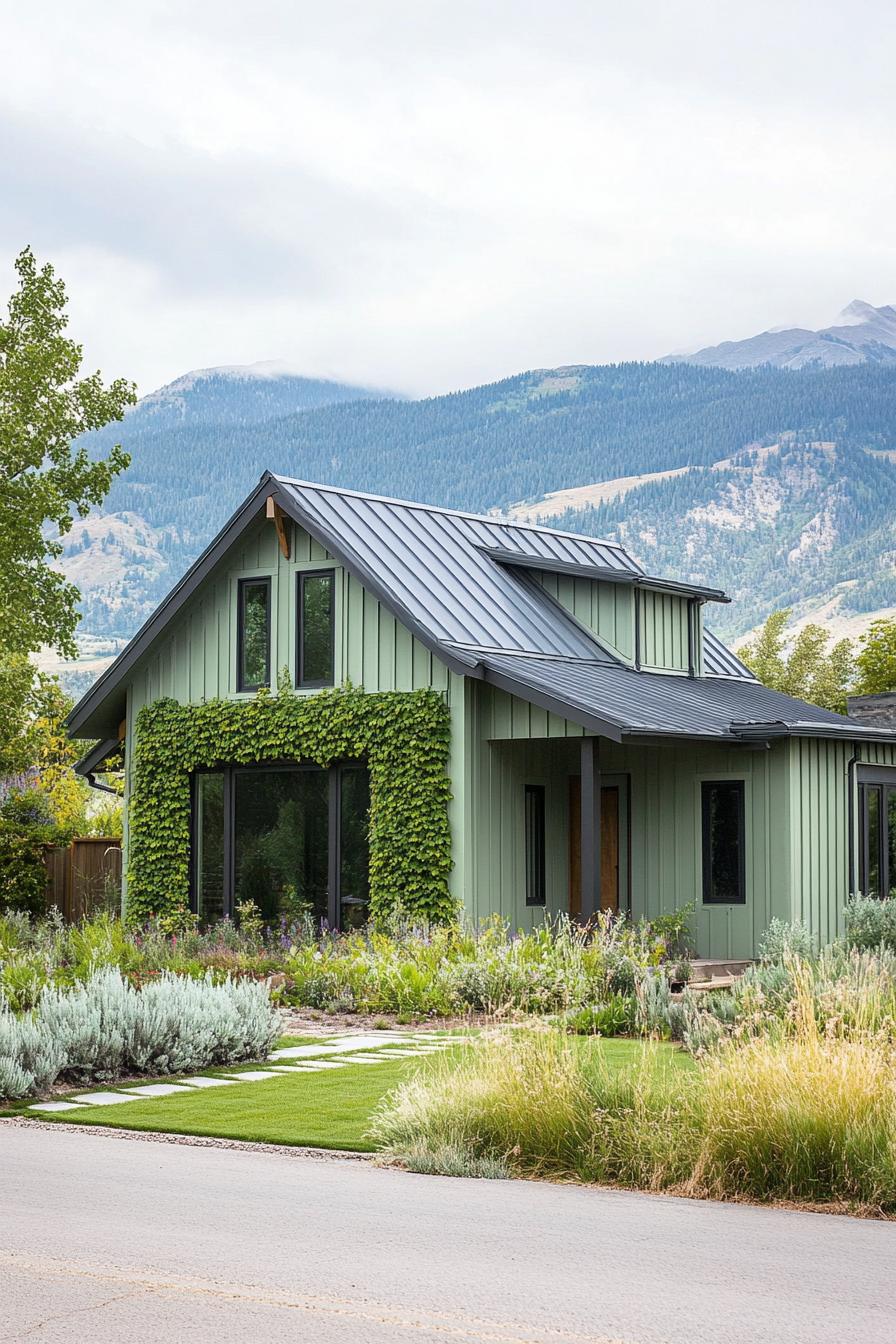 modern cottage style mountain house facade in pale green siding vertical garden front wall grey roof unkempt lawn Stunning mountains in the