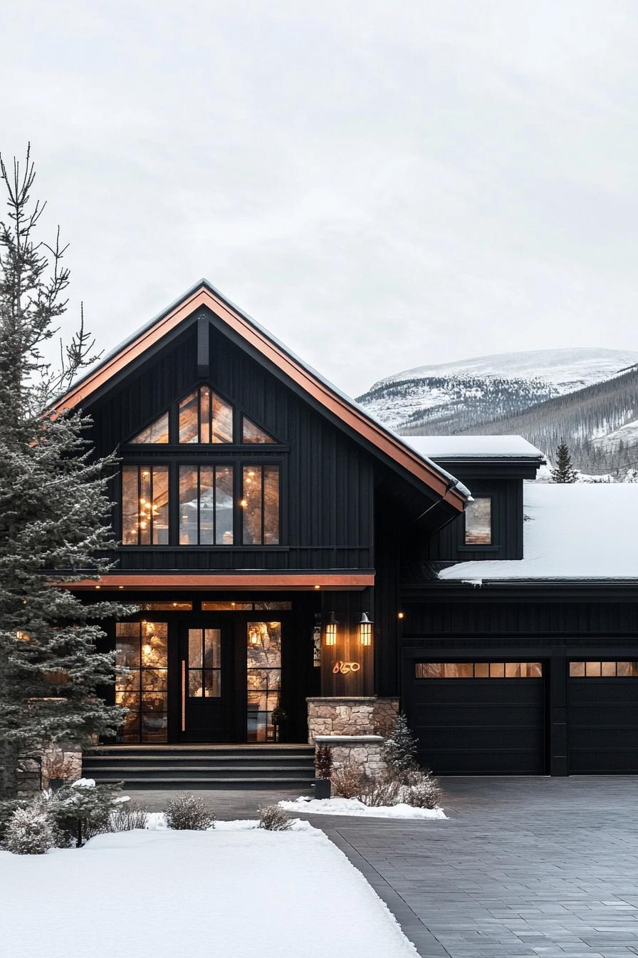 modern cottage style mountain house facade with black siding front entrance of dark stone trim and full glass wall copper accents black roof large 1