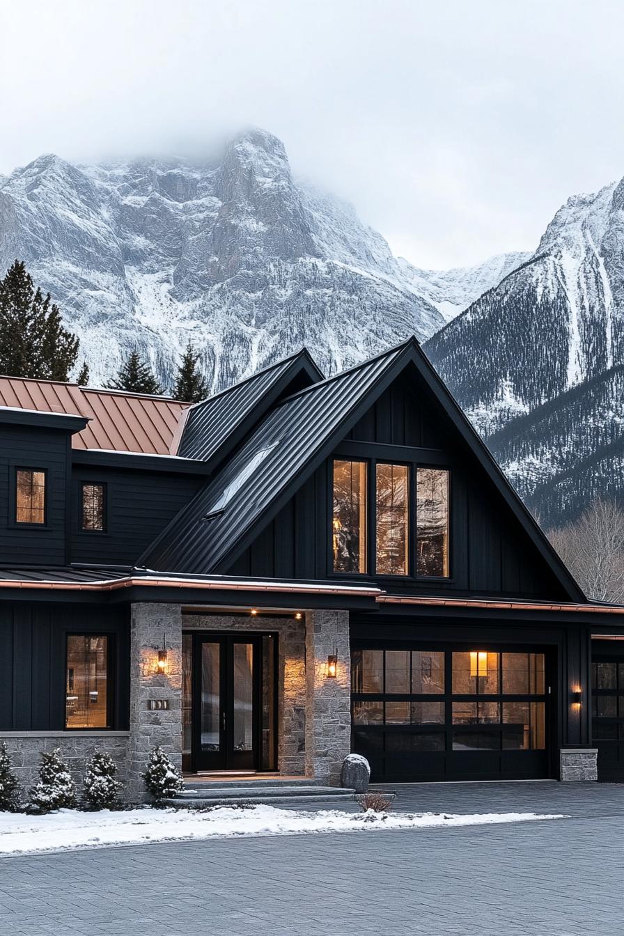 modern cottage style mountain house facade with black siding front entrance of dark stone trim and full glass wall copper accents black roof large 2