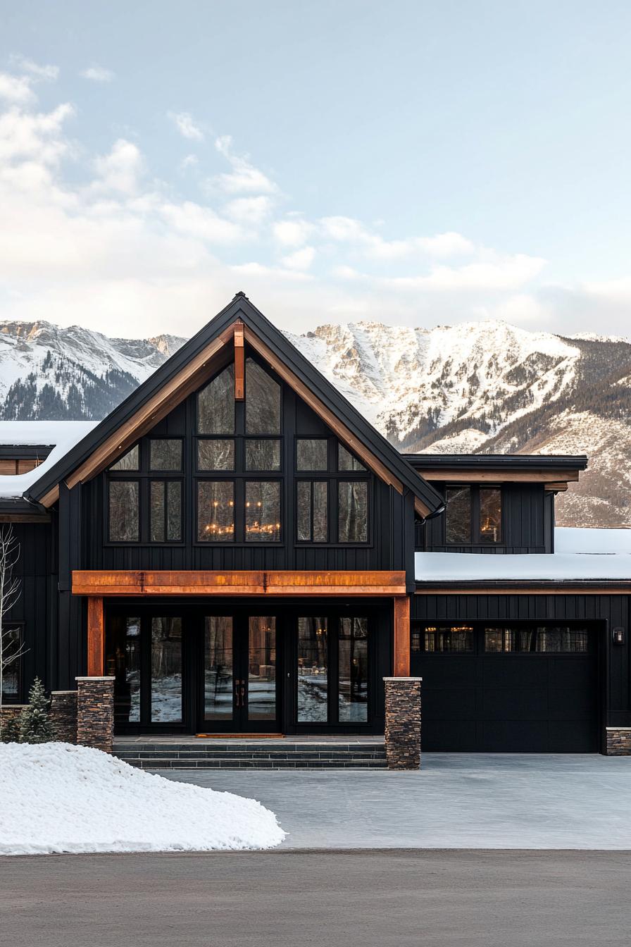 modern cottage style mountain house facade with black siding front entrance of dark stone trim and full glass wall copper accents black roof large 3