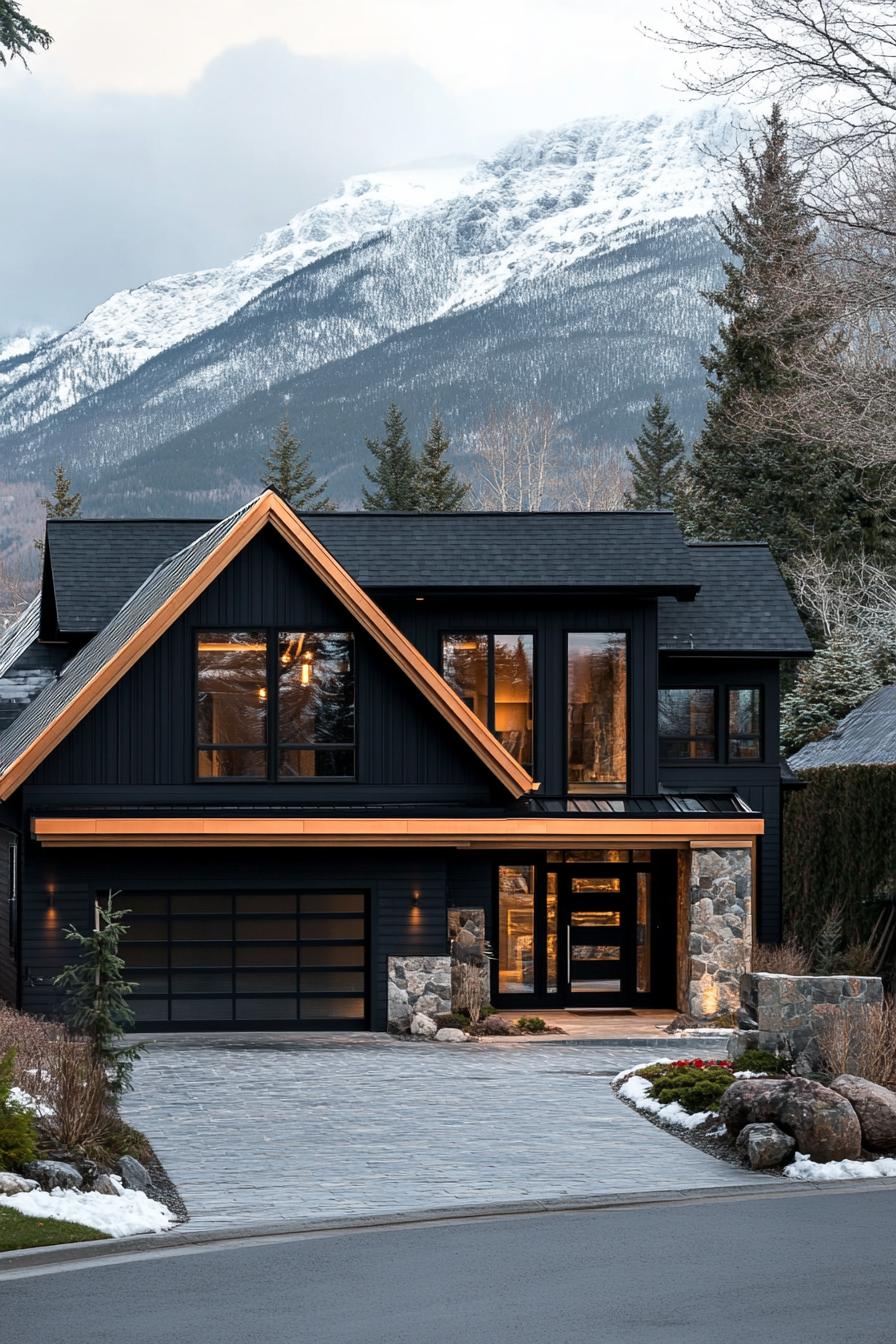 modern cottage style mountain house facade with black siding front entrance of dark stone trim and full glass wall copper accents black roof large