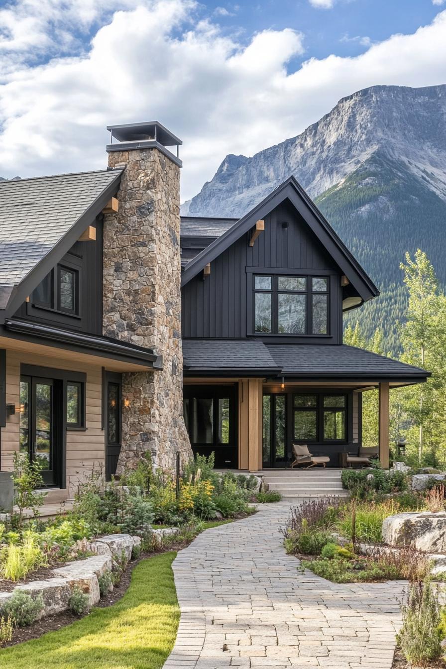 modern cottage style mountain house facade with taupe siding charred wood accents stone chimney front yard with cobblestone pathway imposing mountain in the background 1