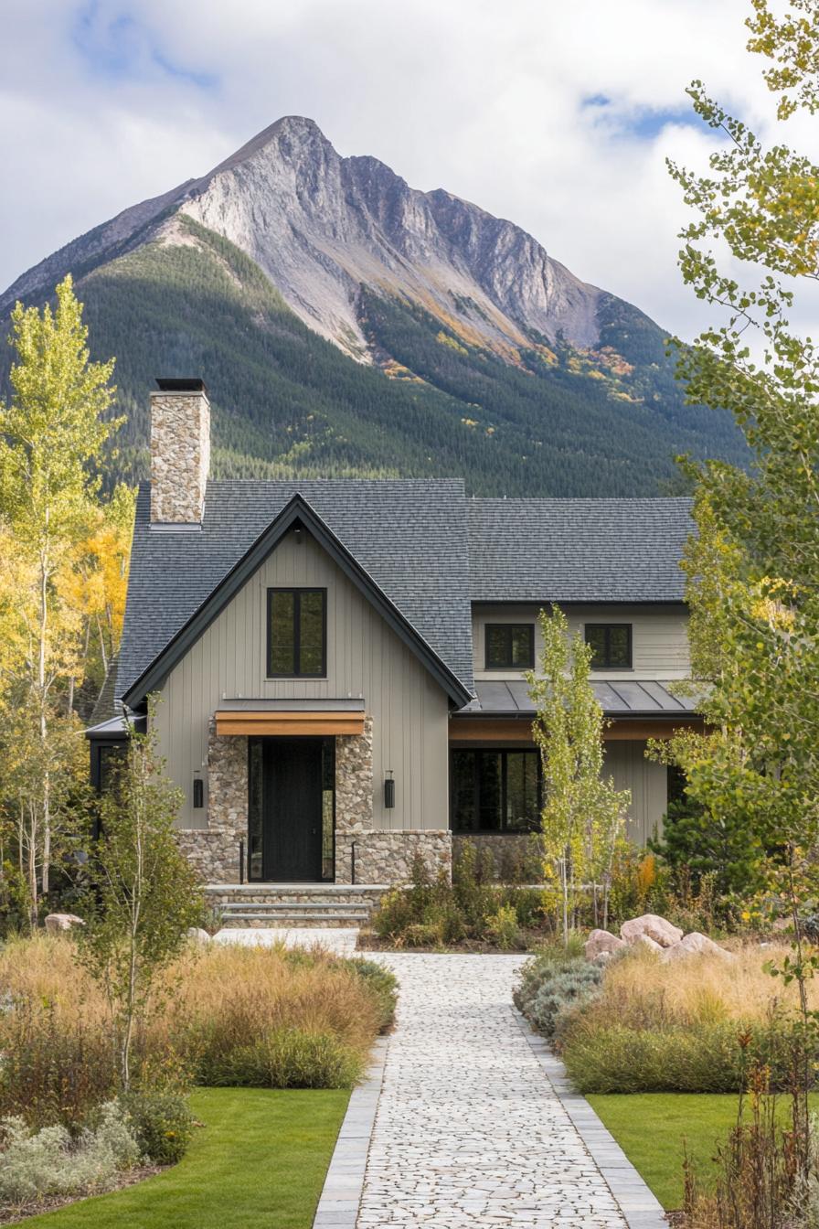 modern cottage style mountain house facade with taupe siding charred wood accents stone chimney front yard with cobblestone pathway imposing mountain in the background 2