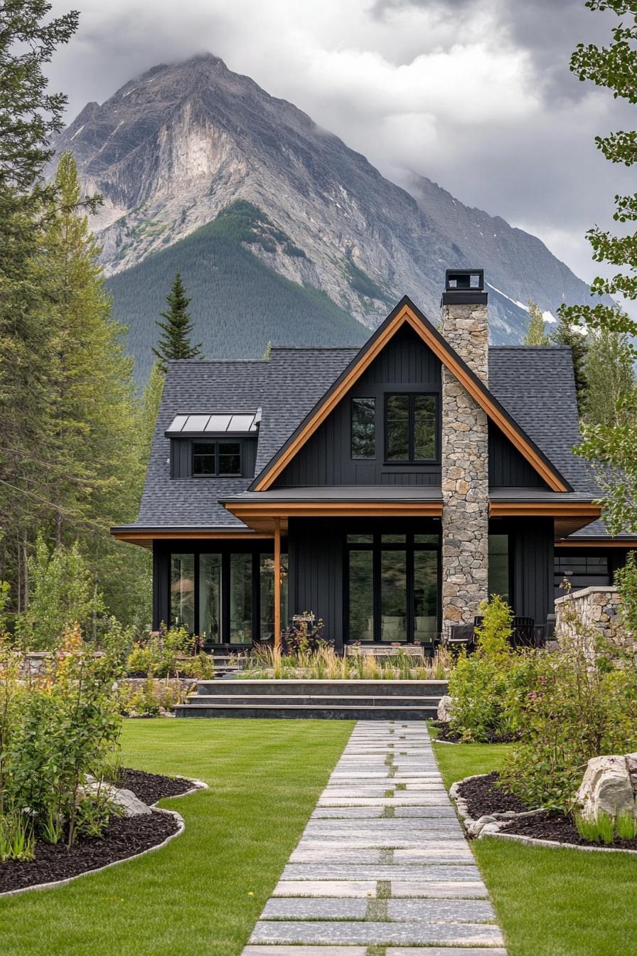 modern cottage style mountain house facade with taupe siding charred wood accents stone chimney front yard with cobblestone pathway imposing mountain in the background 3