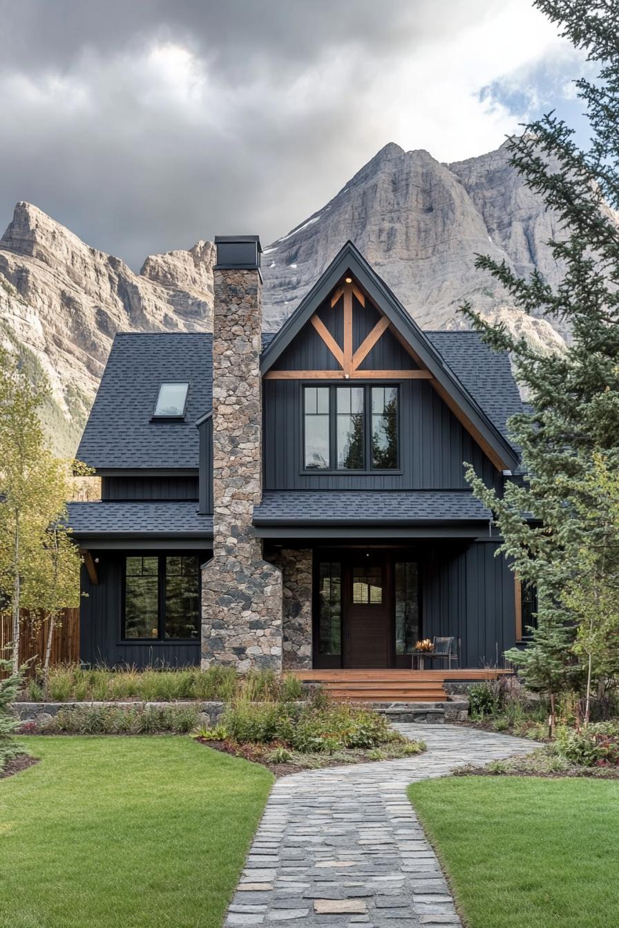 modern cottage style mountain house facade with taupe siding charred wood accents stone chimney front yard with cobblestone pathway imposing mountain in the background