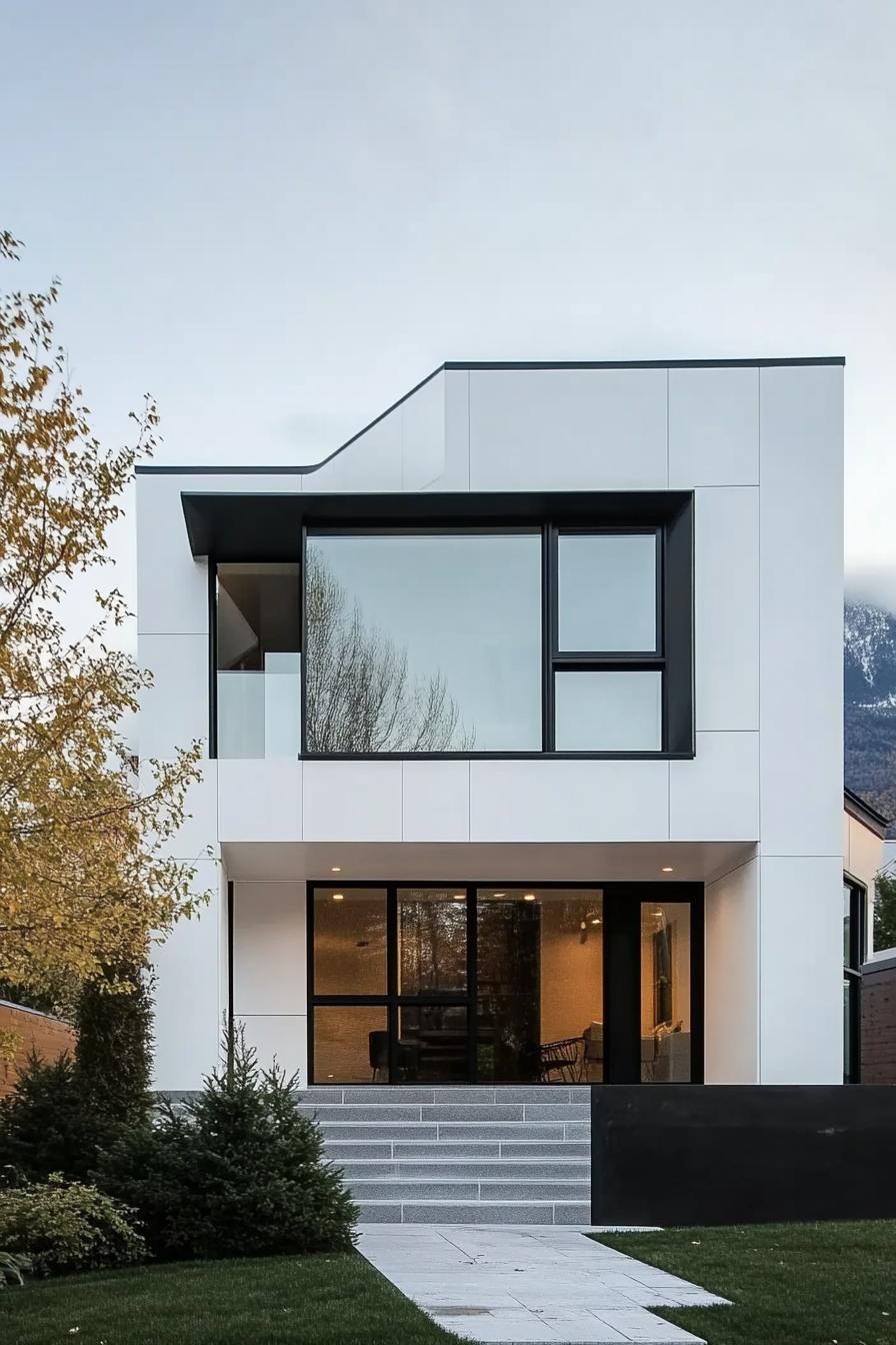 modern cube house white facade with black trim mountain range in the background 1