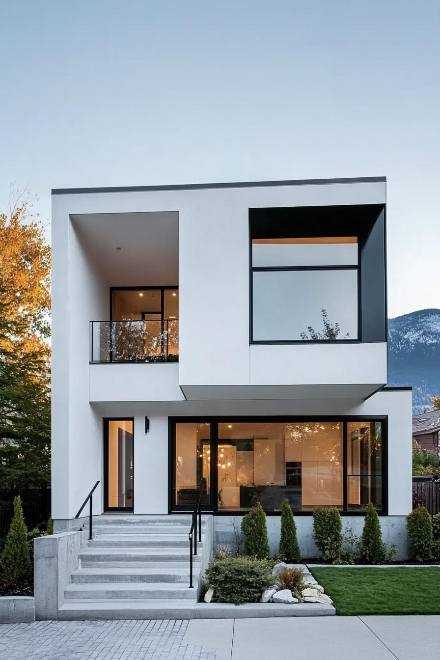 modern cube house white facade with black trim mountain range in the background 2