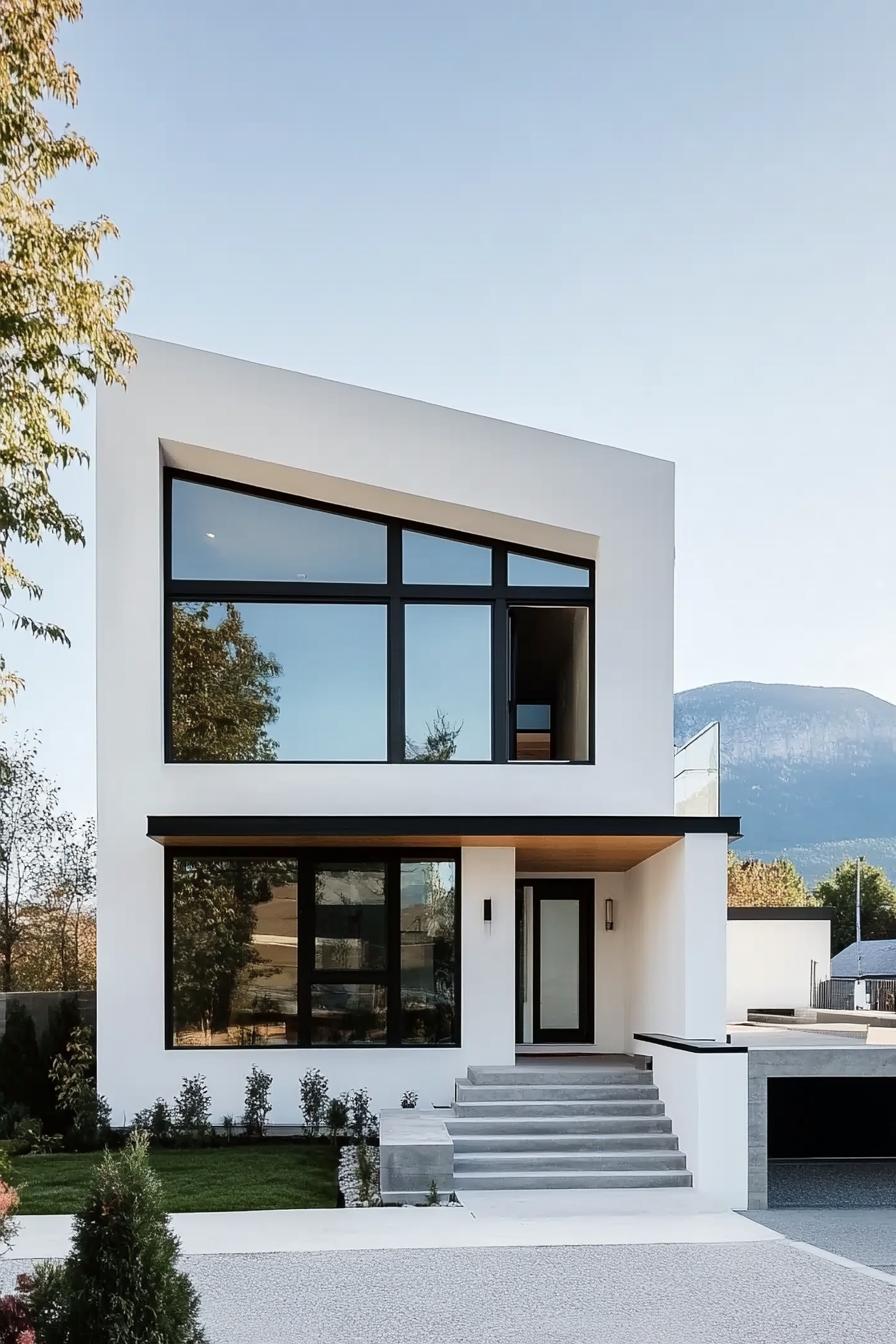 modern cube house white facade with black trim mountain range in the background 3