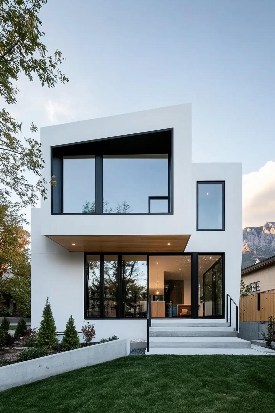 modern cube house white facade with black trim mountain range in the background