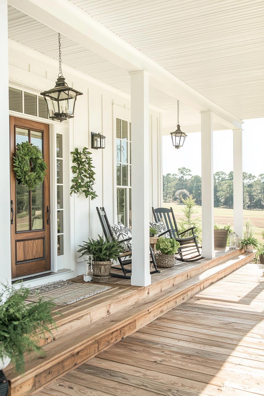 modern farmhouse porch exterior in white board and batten siding white beam columns natural wood steps with potted plants on the sides porch is 1