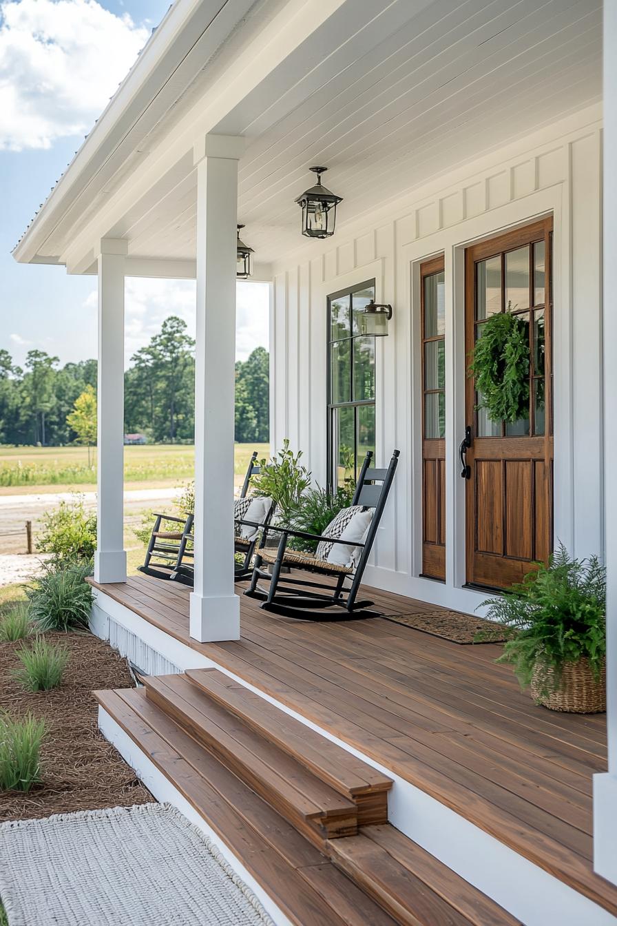 modern farmhouse porch exterior in white board and batten siding white beam columns natural wood steps with potted plants on the sides porch is 2