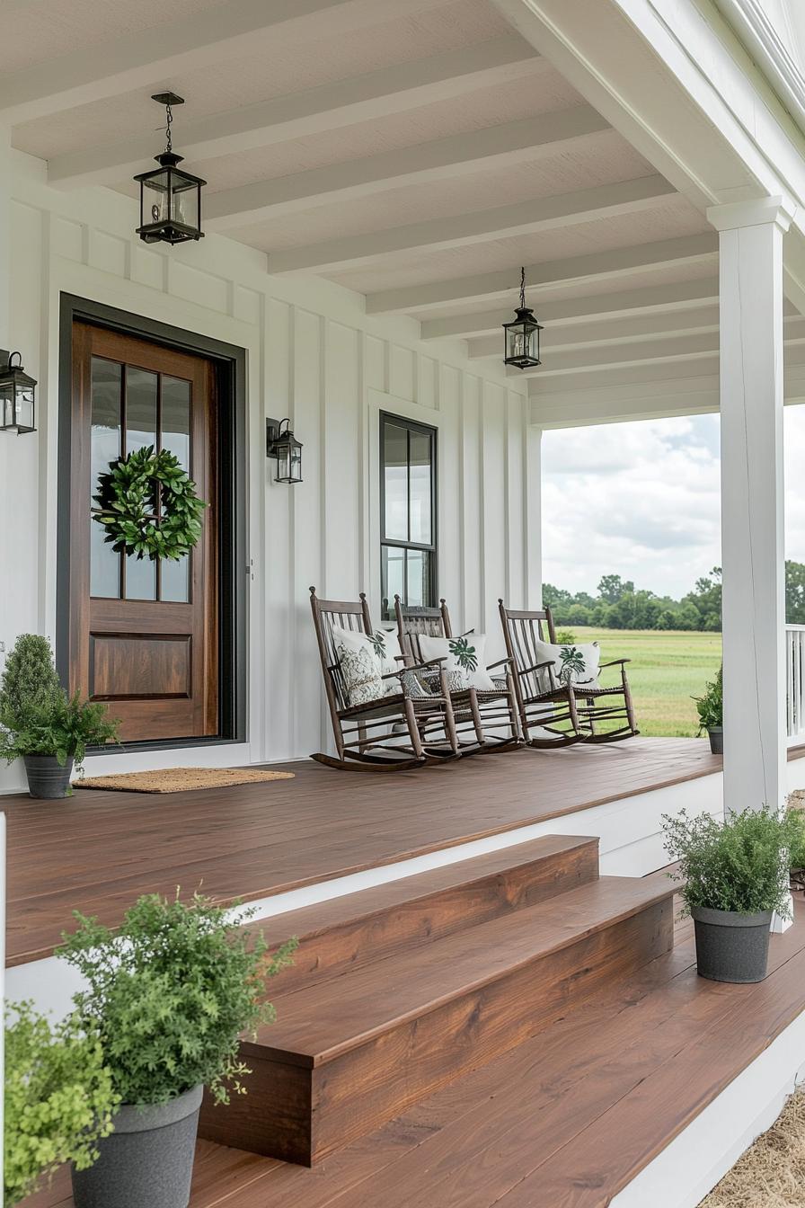 modern farmhouse porch exterior in white board and batten siding white beam columns natural wood steps with potted plants on the sides porch is 3