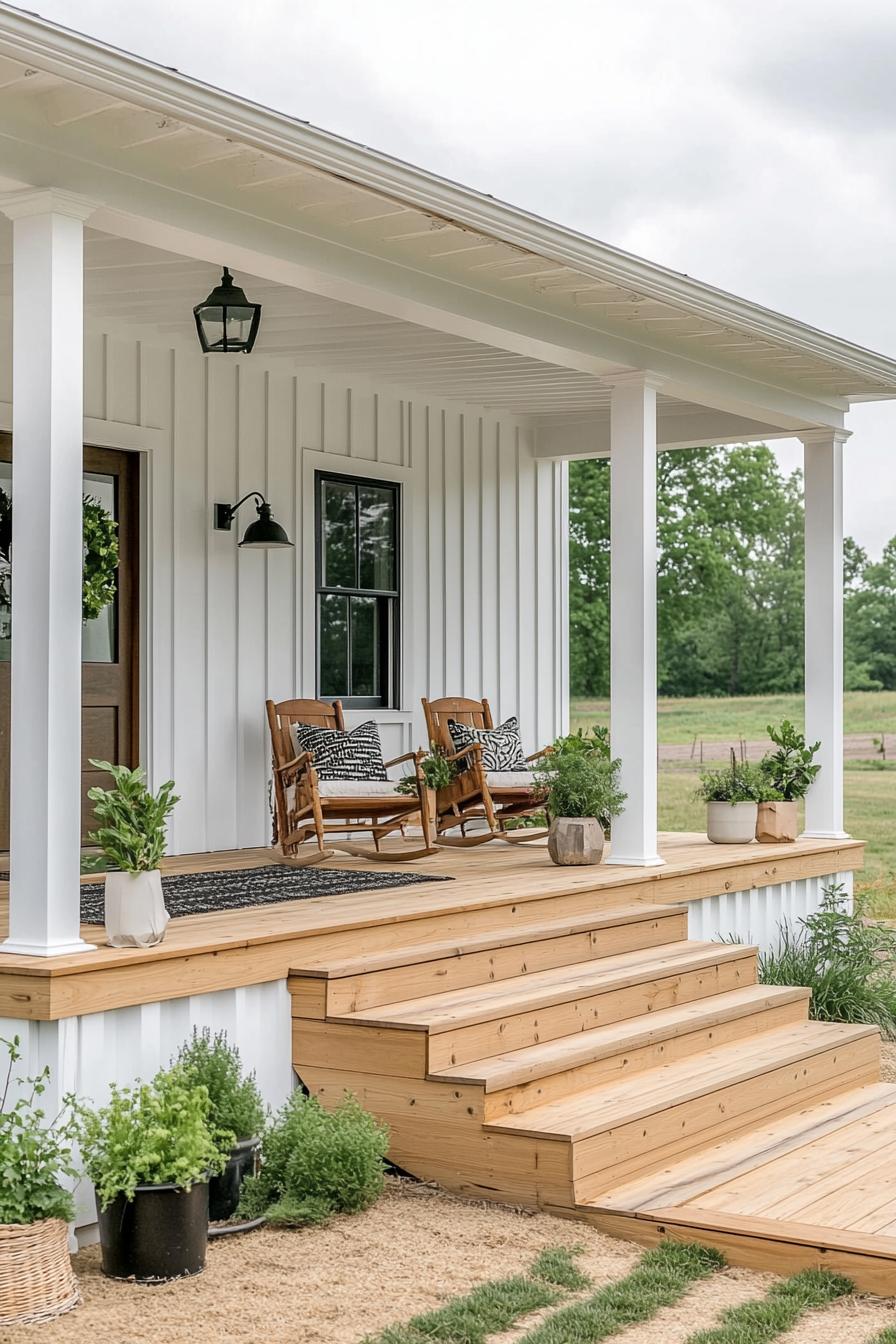 modern farmhouse porch exterior in white board and batten siding white beam columns natural wood steps with potted plants on the sides porch is