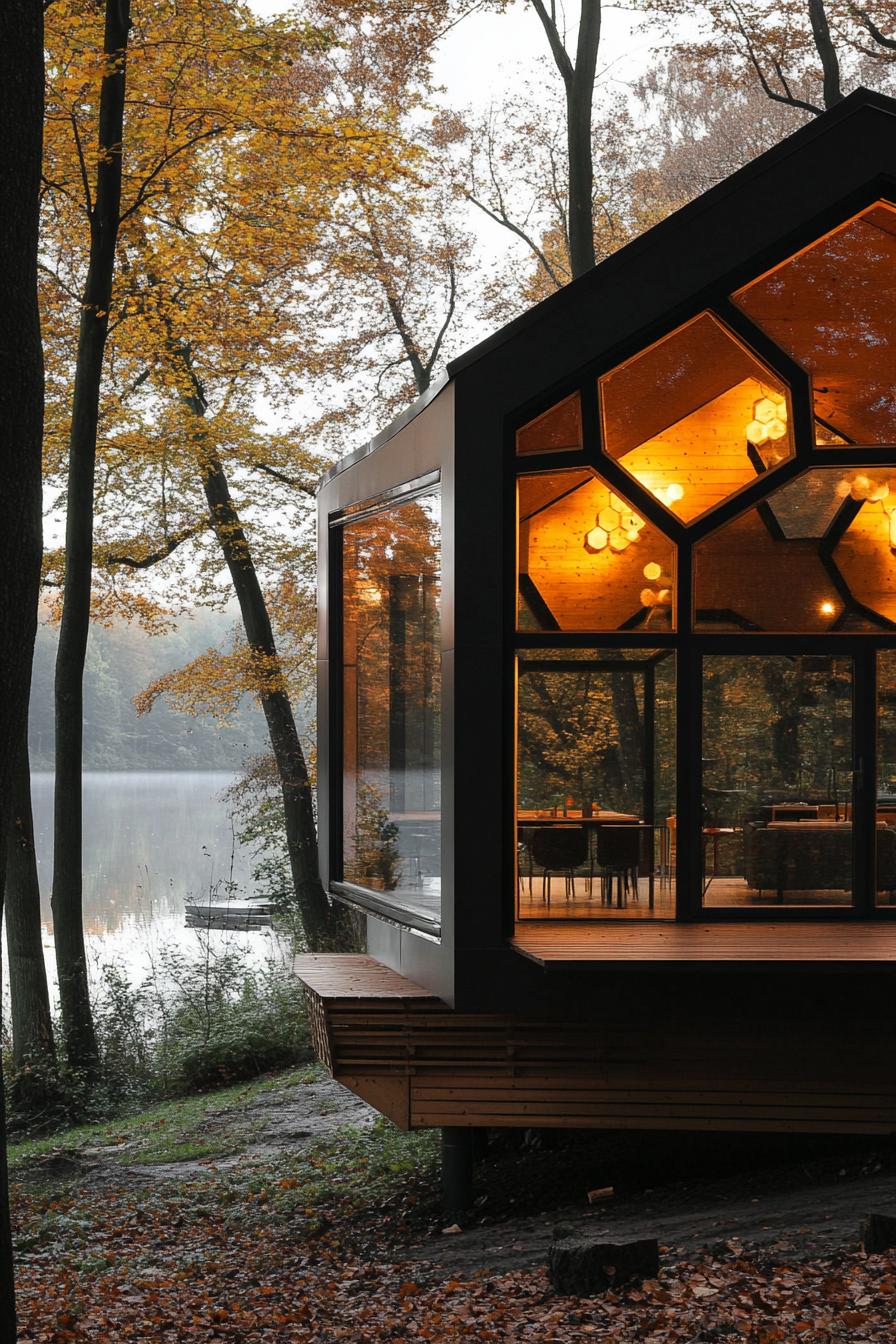 modern forest house hexagonal facade with panoramic windows with views over forest lake 1