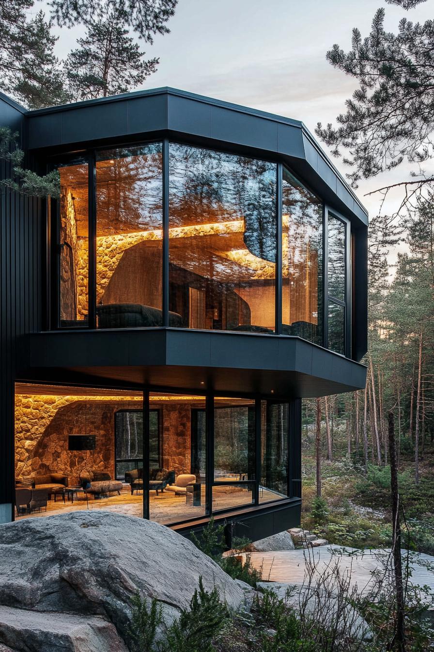 modern forest house hexagonal facade with panoramic windows with views over forest lake 2