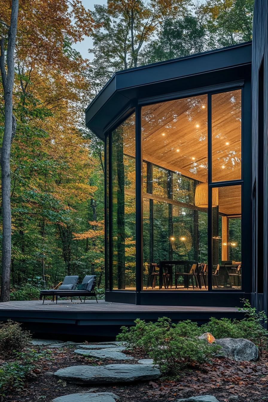 modern forest house hexagonal facade with panoramic windows with views over forest lake 3