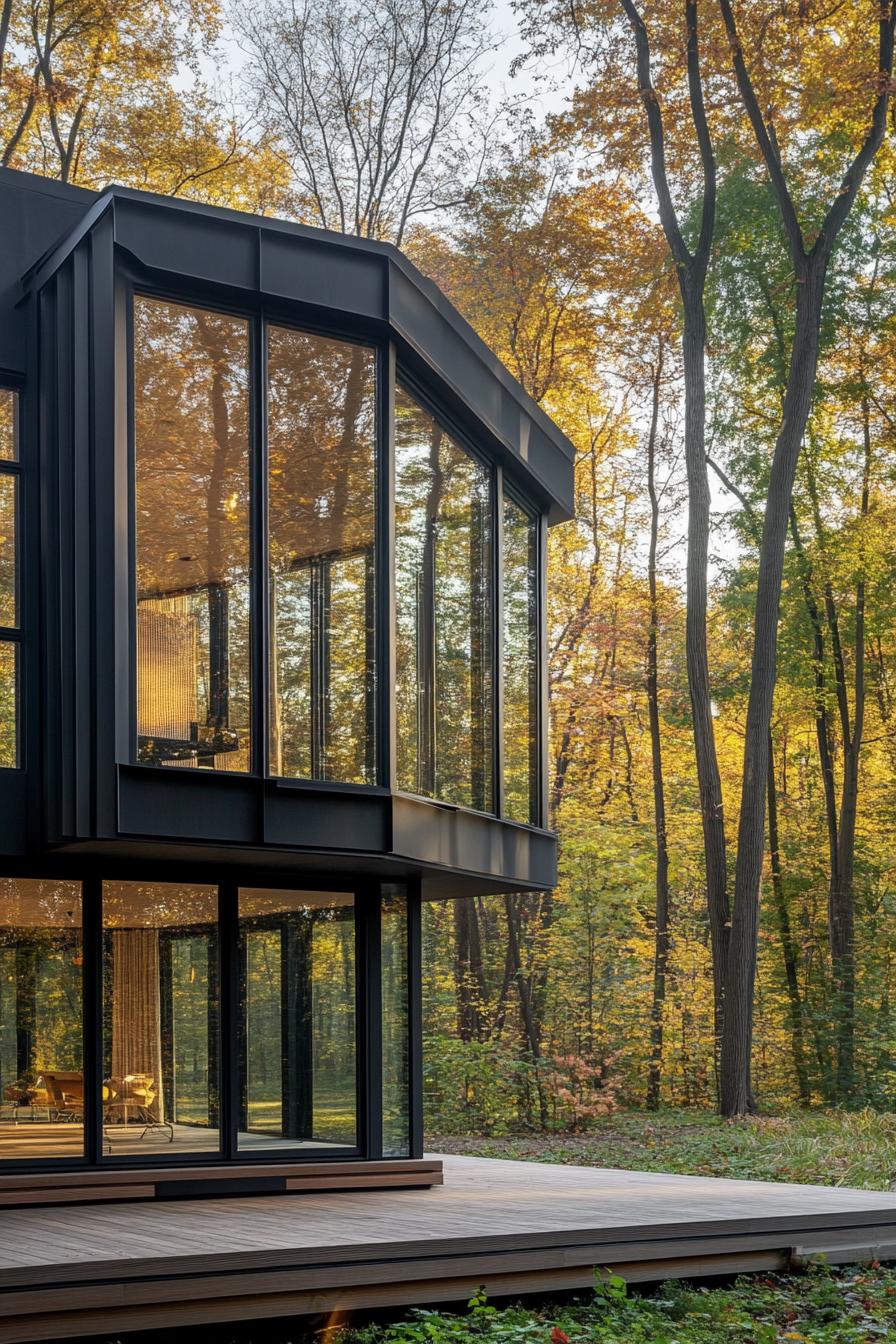 modern forest house hexagonal facade with panoramic windows with views over forest lake