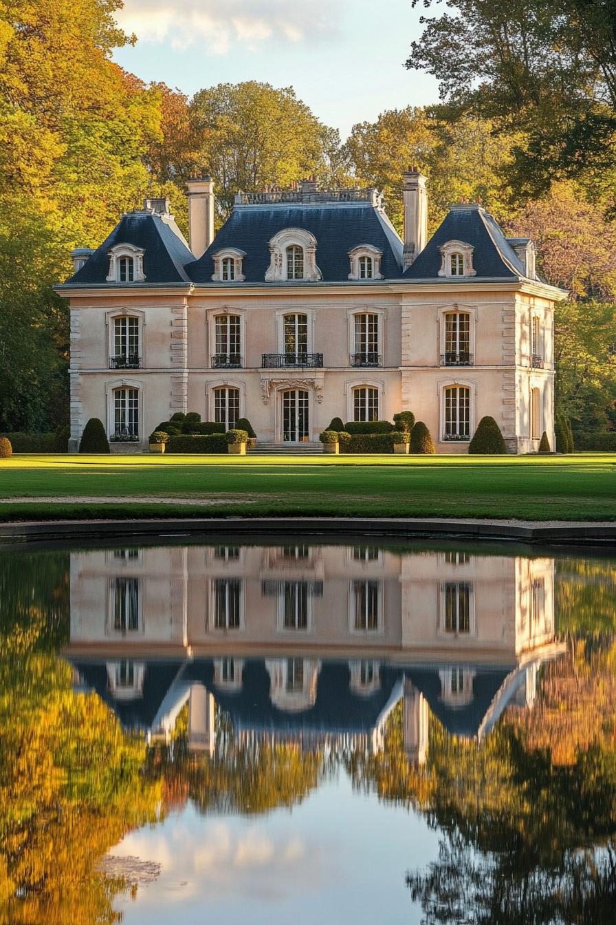 modern french mansion with a large pond in front with a reflection of the mansion 1