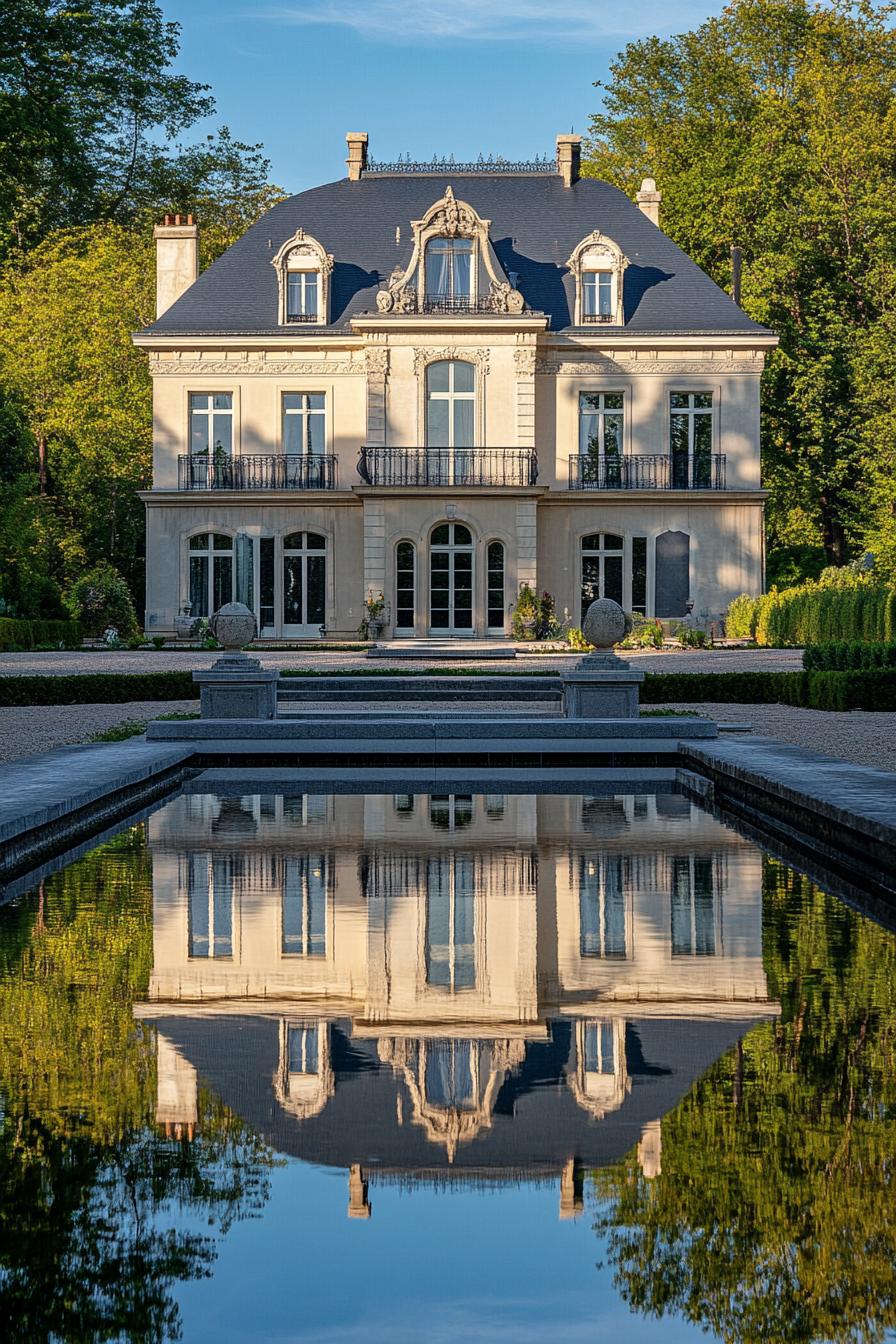 modern french mansion with a large pond in front with a reflection of the mansion 2