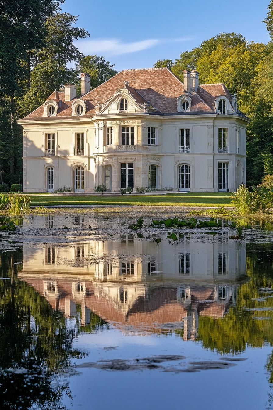 modern french mansion with a large pond in front with a reflection of the mansion