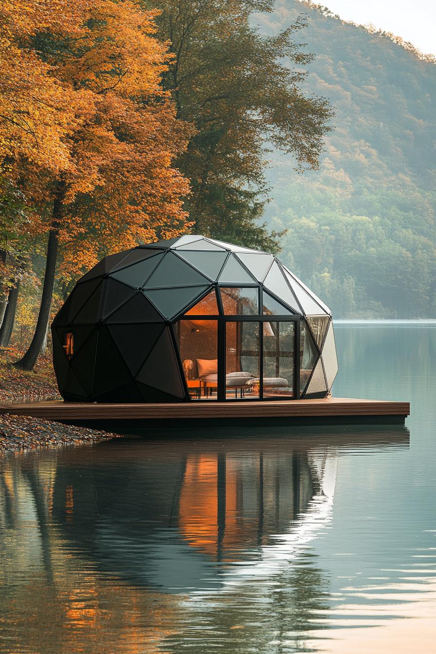 modern geodesic dome black metal and glass cabin floating on a lake platform 1