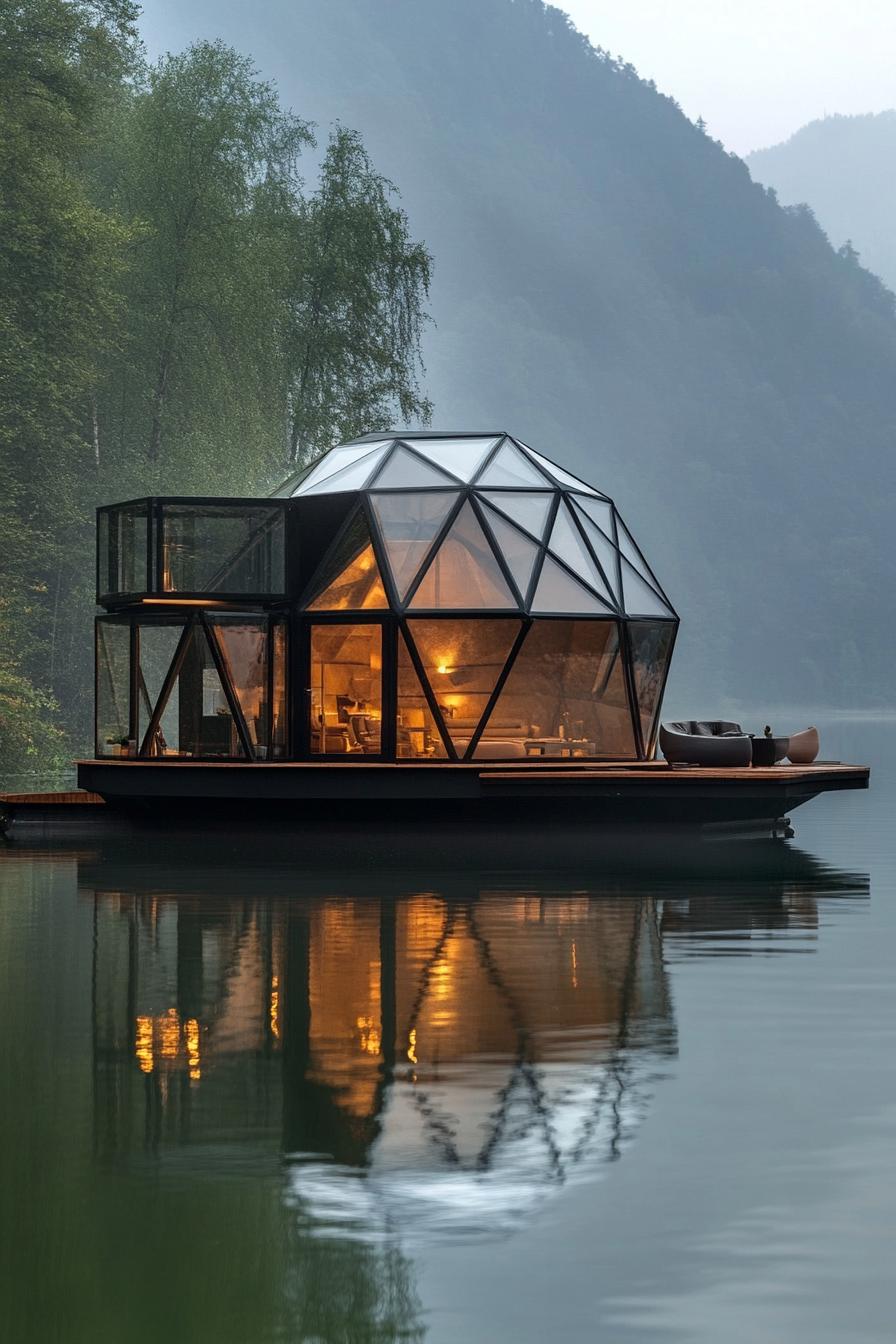 modern geodesic dome black metal and glass cabin floating on a lake platform