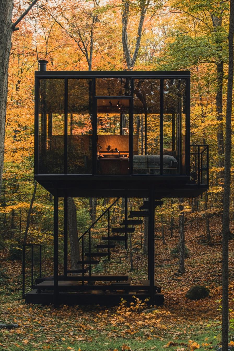 modern glass cabin in a maple forest in autumn a lofted interior is visible there are stairs that lead to the lofted area inside 1