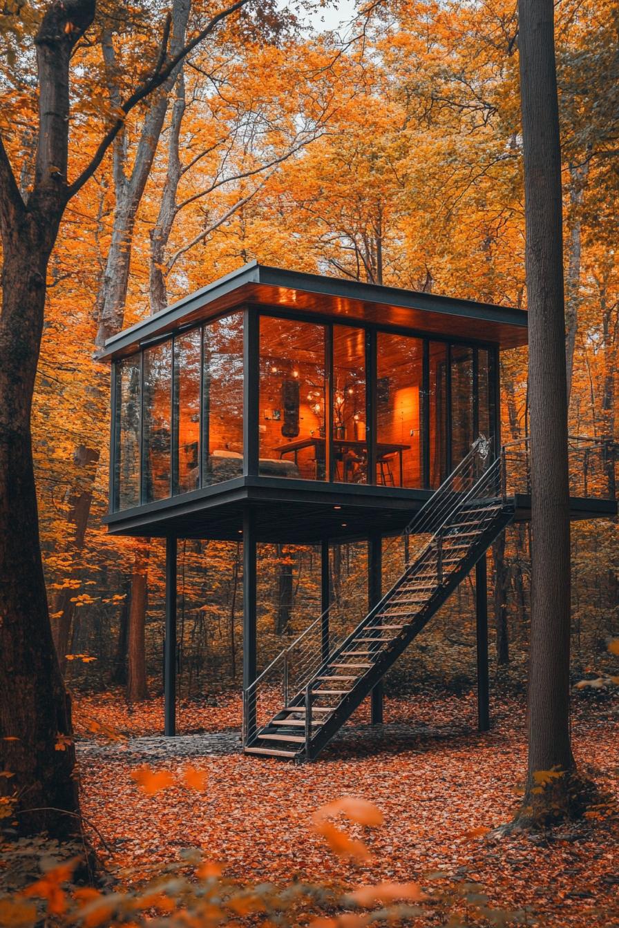 modern glass cabin in a maple forest in autumn a lofted interior is visible there are stairs that lead to the lofted area inside